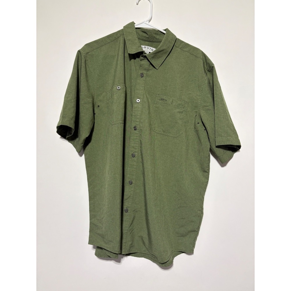 Orvis Men Size XL Green Tech Work Performance Short Sleeve Button Front Shirt